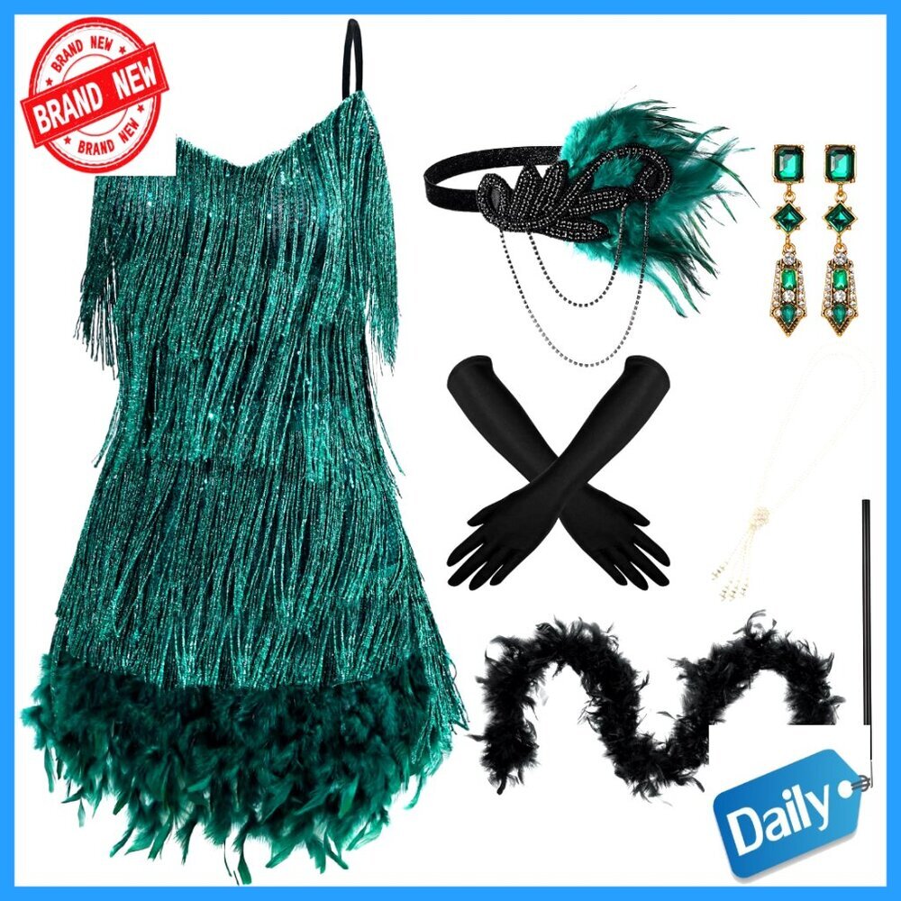 7-Piece Flapper Costume Set with Fringed Dress, Feather Boa, Accessories